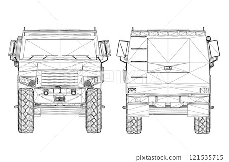 Black line combat jeep wireframe isolated on white background. Front, back view. 3D. Vector illustration. 121535715