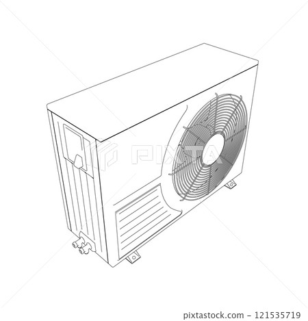 The contour of the air conditioner for cooling the room from black lines isolated on a white background. Isometric view. Vector illustration. 121535719