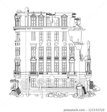 Outline of a destroyed house from black lines isolated on a white background. Front view. Vector illustration. 121535720
