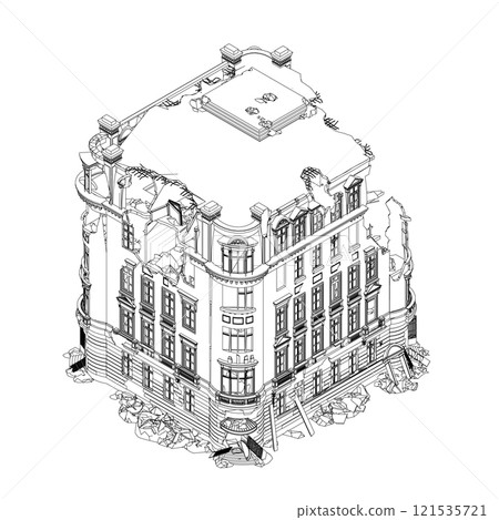 Outline of a destroyed house from black lines isolated on a white background. Isometric view. Vector illustration. 121535721