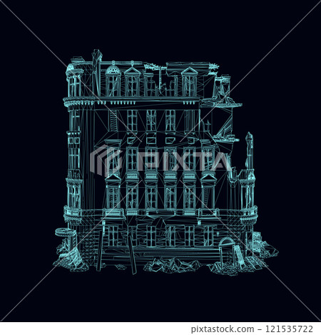 Wireframe of a destroyed building from blue lines isolated on a dark background. Front view. 3D. Vector illustration. 121535722