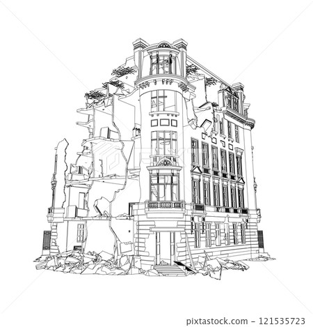 The outline of the destroyed building from black lines isolated on a white background. Perspective view. 3D. Vector illustration. 121535723