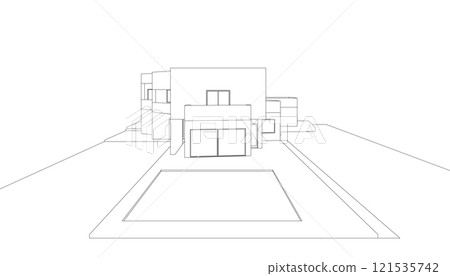 Contour of a house with a swimming pool from black lines isolated on a white background. Front view. Vector illustration. Contour of a house with a swimming pool from black lines isolated on a white background. Front view. Vector illustration. 121535742