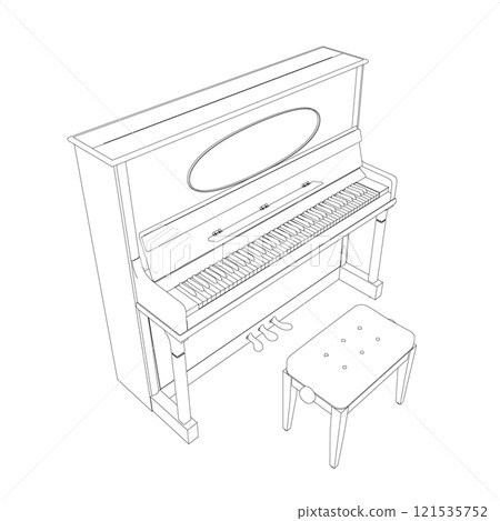 Outline of a piano with a chair from black lines isolated on a white background. Isometric view. Vector illustration. 121535752