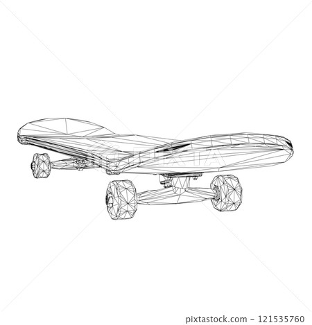 Skateboard wireframe from black lines isolated on white background. Perspective view. 3D. Vector illustration. 121535760
