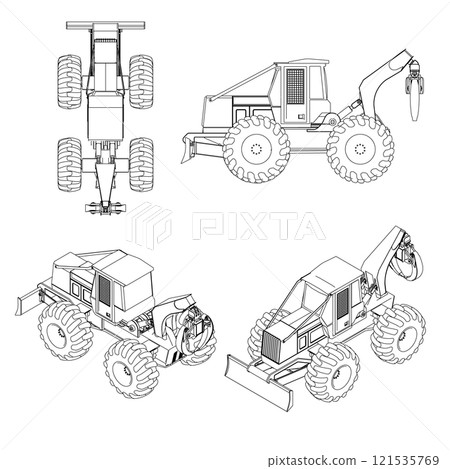 Tractor outline set from black lines isolated on white background. Side view, top view, isometric. Vector illustration. Tractor outline set from black lines isolated on white background. Side view, top view, isometric. Vector illustration. 121535769