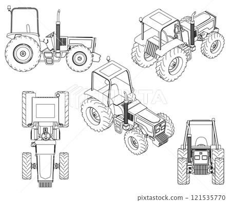 Set with contours of a detailed tractor from black lines isolated on a white background. Front, side, isometric, top view. Vector illustration. Set with contours of a detailed tractor from black lines isolated on a white background. Front, side, isometric, top view. Vector illustration. 121535770
