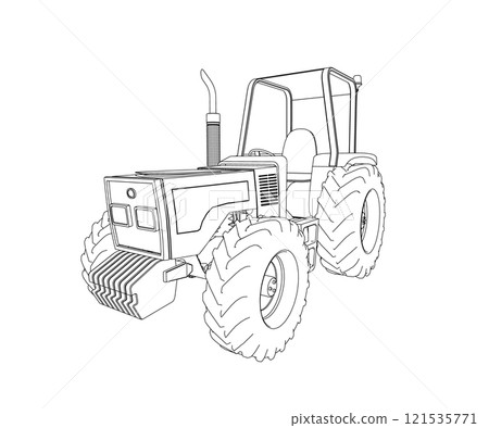 Outline of a detailed tractor from black lines isolated on a white background. Perspective view. Vector illustration. Outline of a detailed tractor from black lines isolated on a white background. Perspective view. Vector illustration. 121535771