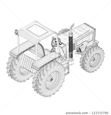 Wireframe of an industrial tractor from black lines isolated on a white background. Isometric view. 3D. Vector illustration. Wireframe of an industrial tractor from black lines isolated on a white background. Isometric view. 3D. Vector illustration. 121535780