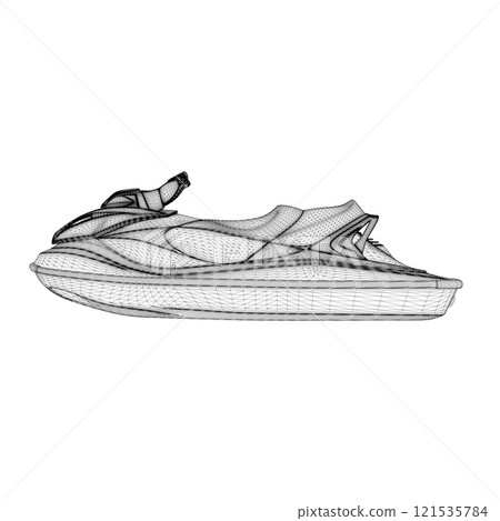 Water scooter wireframe from black lines isolated on white background. Side view. 3D. Vector illustration. 121535784