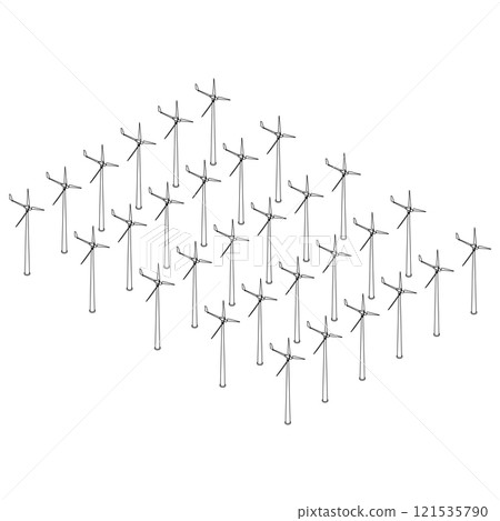 Outline of many wind towers generating electricity from black lines isolated on a white background. Isometric view. Vector illustration. 121535790