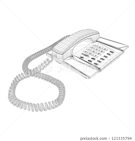 Wireframe of a vintage wired telephone from black lines isolated on a white background. Perspective view. 3D. Vector illustration. Wireframe of a vintage wired telephone from black lines isolated on a white background. Perspective view. 3D. Vector illustration. 121535794