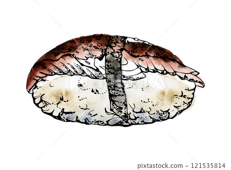 Traditional Japanese food, nigiri sushi with raw fish unagi saba mackerel with nori wrap, sesame seeds hand drawn in watercolor, ink. Illustration for restaurant, cafe menu, kitchen, cook recipe book 121535814