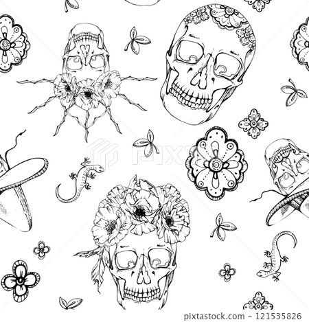 Cinco de Mayo human skull in sombrero hat, flower crown. Mexican holiday Day of the Dead symbol. Hand drawn ink vector isolated illustration. Seamless pattern for gift shop, fiesta paper, scrapbooking 121535826