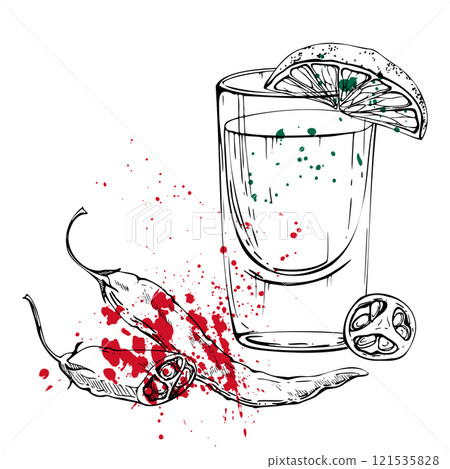 Tequila liquor alcohol shot glass with lime citrus slice, chili spicy pepper, red white green splash. Hand drawn ink vector isolated illustration. Design travel, vacation brochure, shop, bar pub menu Tequila liquor alcohol shot glass with lime citrus slice, chili spicy pepper, red white green splash. Hand drawn ink vector isolated illustration. Design travel, vacation brochure, shop, bar pub menu 121535828