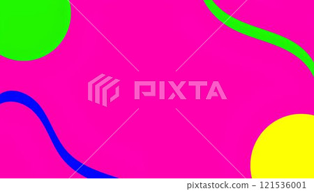 Bright contrasting abstract pink background with geometric shapes in green, yellow, blue colors with space for text. 121536001
