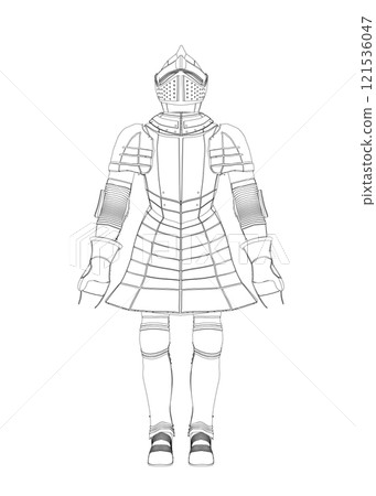 The outline of a medieval soldier's armor from black lines isolated on a white background. Front view. Vector illustration. 121536047