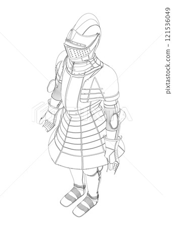 The outline of a medieval soldier's armor from black lines isolated on a white background. Isometric view. 3D. Vector illustration. 121536049