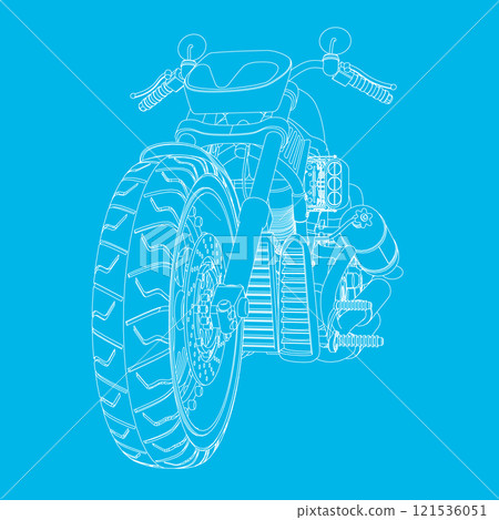 Outline of a motorcycle from white lines isolated on a blue background. Front view. 3D. Vector illustration. Outline of a motorcycle from white lines isolated on a blue background. Front view. 3D. Vector illustration. 121536051
