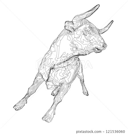 Outline of a running bull from black lines isolated on a white background. 3D. Vector illustration. 121536060