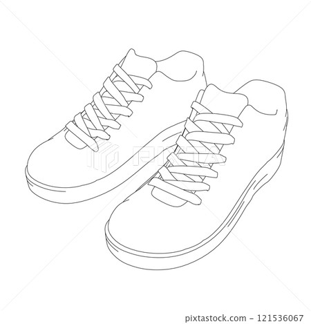 The contour of sports sneakers from black lines isolated on a white background. Isometric view. Vector illustration. The contour of sports sneakers from black lines isolated on a white background. Isometric view. Vector illustration. 121536067