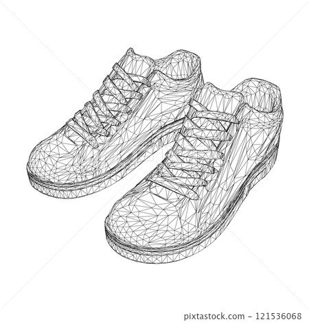 Wireframe of sports sneakers from black lines isolated on white background. Isometric view. 3D. Vector illustration. Wireframe of sports sneakers from black lines isolated on white background. Isometric view. 3D. Vector illustration. 121536068