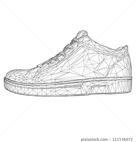 Wireframe of sports sneakers from black lines isolated on white background. Side view. 3D. Vector illustration. Wireframe of sports sneakers from black lines isolated on white background. Side view. 3D. Vector illustration. 121536072