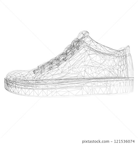 Wireframe of sports sneakers from black lines isolated on white background. Side view. 3D. Vector illustration. Wireframe of sports sneakers from black lines isolated on white background. Side view. 3D. Vector illustration. 121536074