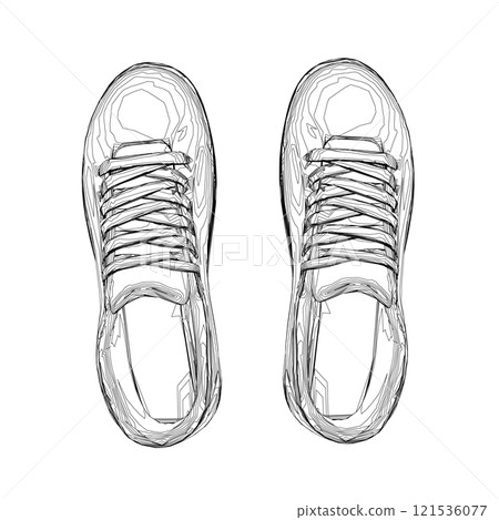 Wireframe of sports sneakers from black lines isolated on white background. View from above. 3D. Vector illustration. 121536077