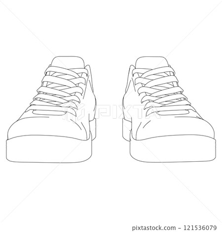 The contour of sports sneakers from black lines isolated on a white background. Front view. Vector illustration. 121536079