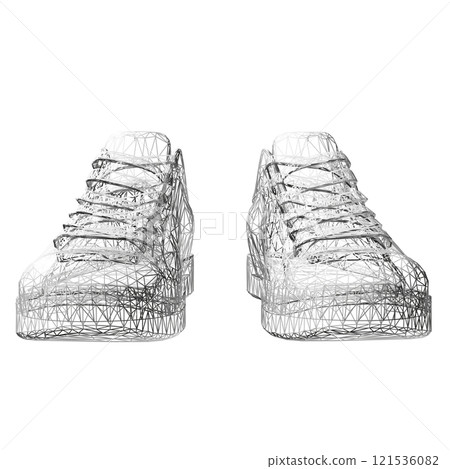 Wireframe of sports sneakers from gray lines isolated on white background. Front view. 3D. Vector illustration. 121536082