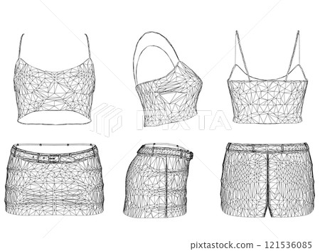 Set with a wireframe of a women's crop top with a short skirt made of black lines isolated on a white background. Front, side, back view. 3D. Vector illustration. Set with a wireframe of a women's crop top with a short skirt made of black lines isolated on a white background. Front, side, back view. 3D. Vector illustration. 121536085