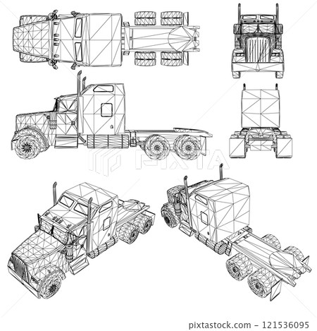 Set with wireframe of a cargo truck without a trailer from black lines isolated on a white background. Front, side, back, top, isometric view. 3D. Vector illustration. 121536095