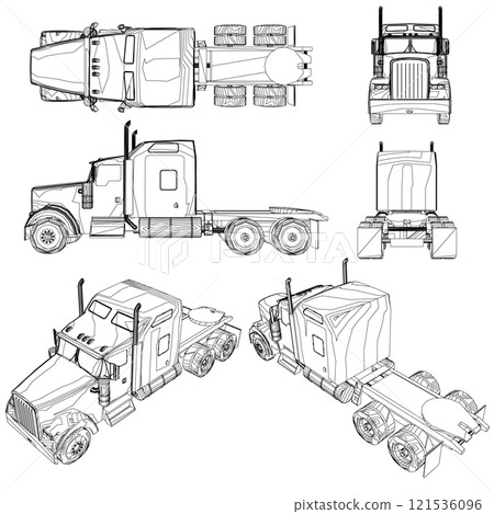 Set with the contours of a cargo truck without a trailer from black lines isolated on a white background. Front, side, back, top, isometric view. Vector illustration. 121536096