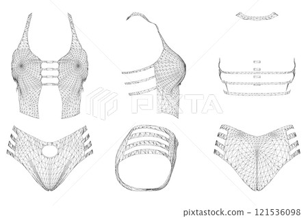Set with a wireframe of sexy women underwear from black lines isolated on a white background. Front, side, back view. 3D. Vector illustration. 121536098