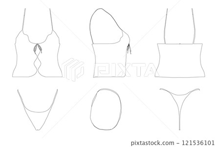 Set with contours of sexy women underwear from black lines isolated on white background. Front, side, back view. Vector illustration. 121536101
