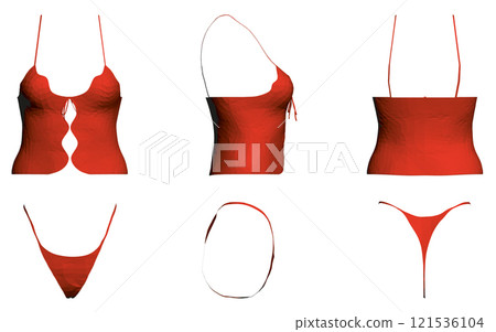 Set with polygonal model of red sexy women's underwear isolated on white background. Front, side, back view. 3D. Vector illustration. Set with polygonal model of red sexy women's underwear isolated on white background. Front, side, back view. 3D. Vector illustration. 121536104
