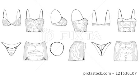 Set with a contour of women's clothing from black lines isolated on a white background. Front, side, back view. Women's panties, bra, skirt and top. 3D. Vector illustration. 121536107