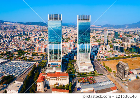 Folkart Towers aerial panoramic view in Izmir city Folkart Towers aerial panoramic view in Izmir city 121536146