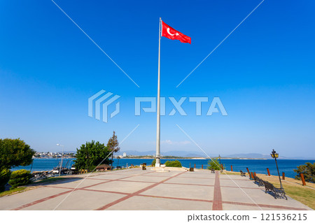 Turkish flag at the peace park viewpoint in Didim city in Turkey Turkish flag at the peace park viewpoint in Didim city in Turkey 121536215
