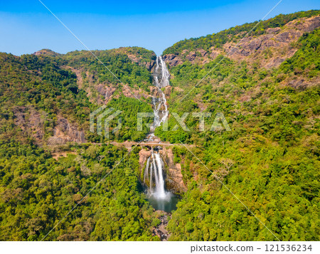 Dudhsagar Falls aerial panoramic view in Goa, India Dudhsagar Falls aerial panoramic view in Goa, India 121536234