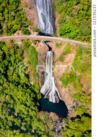 Dudhsagar Falls aerial panoramic view in Goa, India Dudhsagar Falls aerial panoramic view in Goa, India 121536235