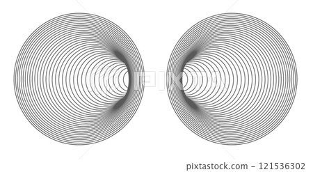 Symmetrical design of two mirrored circles with concentric black lines on a white background. Symmetrical design of two mirrored circles with concentric black lines on a white background. 121536302
