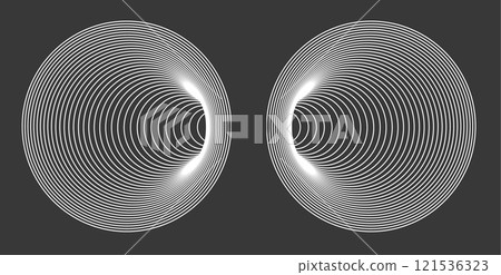 Minimalist design of two mirrored circles with concentric white lines on a dark background. 121536323