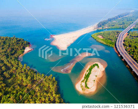 Galgibaga Beach aerial panoramic view in Goa, India 121536371