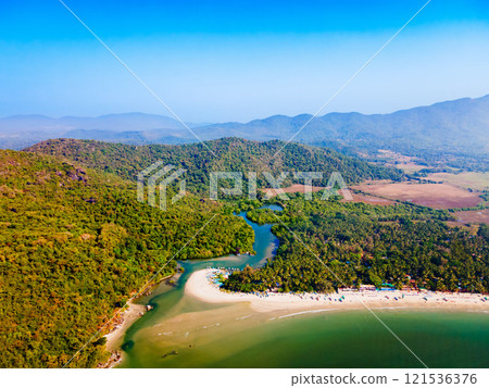 Palolem Beach aerial panoramic view in Goa, India 121536376