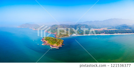 Palolem Beach aerial panoramic view in Goa, India 121536377