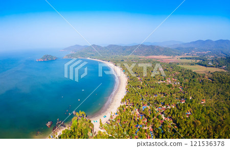 Palolem Beach aerial panoramic view in Goa, India 121536378