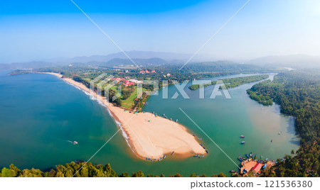Galgibaga Beach aerial panoramic view in Goa, India 121536380