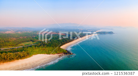 Galgibaga Beach aerial panoramic view in Goa, India Galgibaga Beach aerial panoramic view in Goa, India 121536387